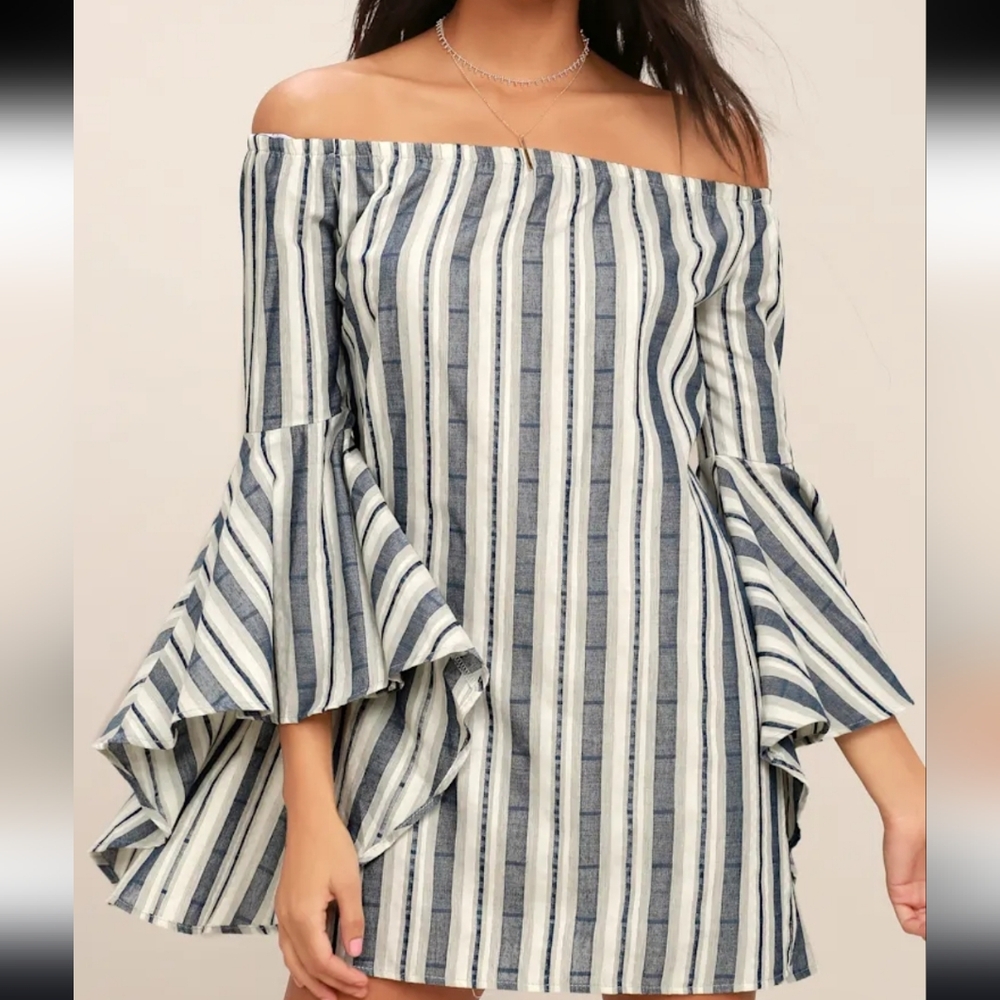 Lulu's Along the Tides Striped Off Shoulder Dress Blue
